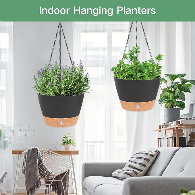 QCQHDU 2 Pack 10 inch Hanging Planters for Indoor Plants, Outdoor Hanging Baskets, Self Watering Pots with Drainage Holes & Removable Tray (Dark Grey, 10 inch)