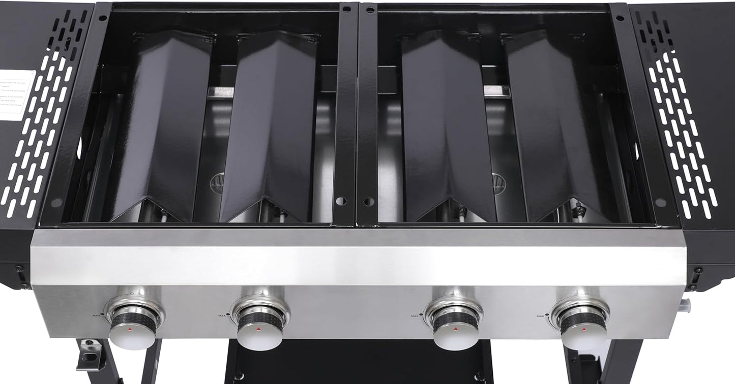 4-Burner Propane Gas BBQ Grill with SS Plancha, 38,200 BTU Output, Wire Enamel Cooking Grids, Foldable Side Table and Hanging Basket, Heavy-Duty Stainless Steel Grill