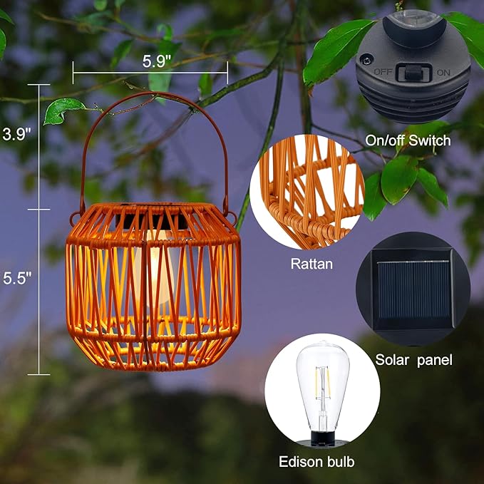 Solar Lanterns,Solar Boho Lanterns Outdoor Waterproof Wicker Lights for Outside Hanging Rattan Lights Outdoor Woven Lamp Decoration for Garden,Yard,Patio,Porch,Trees,Lawn,Pathway,2 Pack