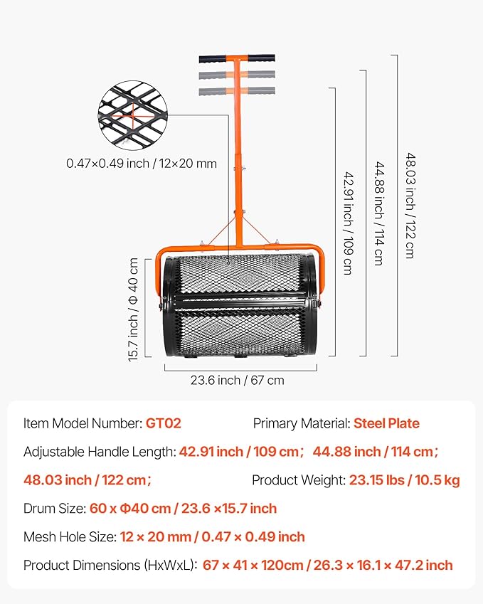 VEVOR Compost Spreader, 24 in Wide Peat Moss Spreader with T Shaped Handle, 3 Heights Adjustable, Powder-Coated Steel Garden Peat Moss Roller, Heavy Duty Grass Seed Spreaders for Planting Seeding