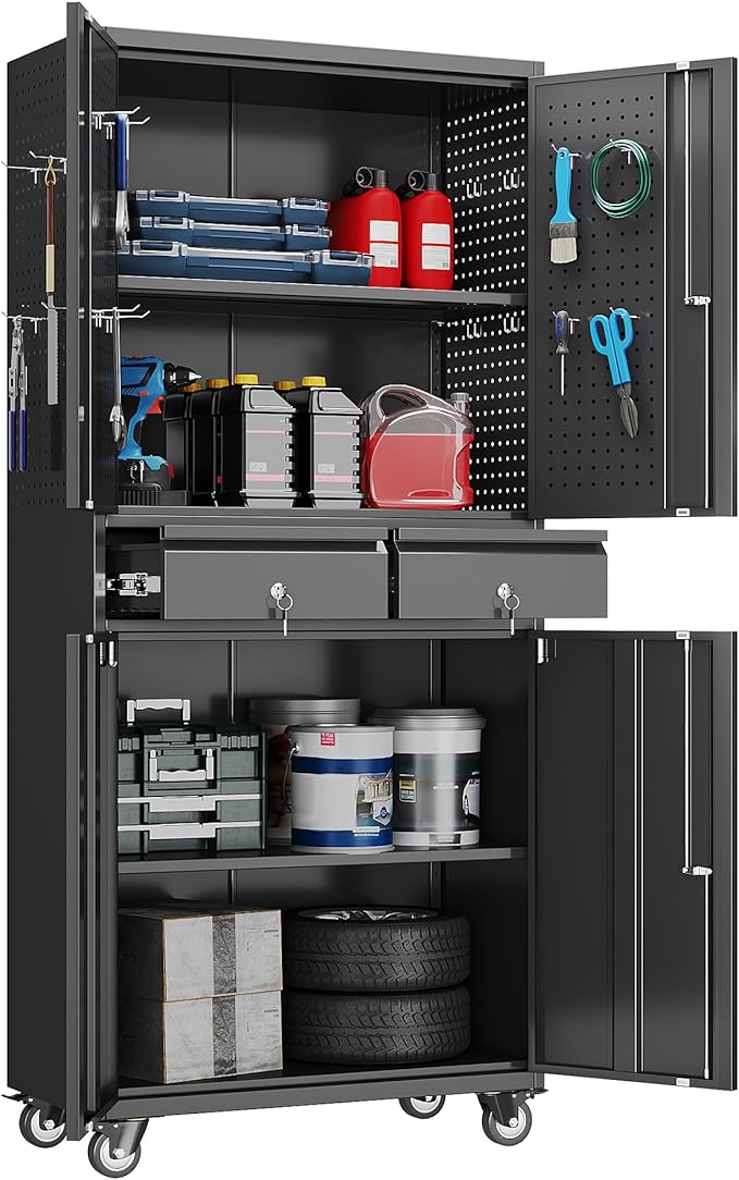 Metal Garage Storage Cabinet with Locking Doors and 2 Adjustable Shelves, Rolling Tool Storage Cabinet with 4 Wheels and 2 Drawer for Garage, Warehouse, Black, Assembly Required
