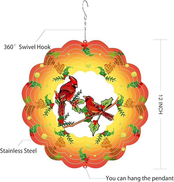 Cardinal Wind Spinners Metal Cardinal Gifts for Women, Mom, Grandma,12inch Hanging Wind Spinner for Outdoor&Indoor Decor Wind Kinetic Christmas Mother Ornament for Yard Garden Decoration