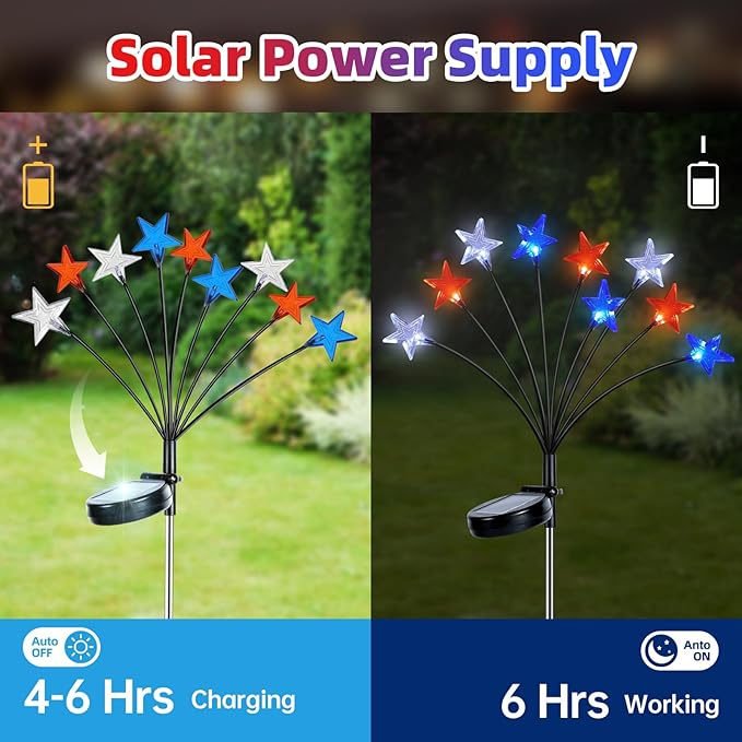 4th of July Decorations Solar Garden Lights, Fourth of July Red White and Blue Star Solar Lights Outdoor, Waterproof Patriotic Decor with 9 LED 2 Lighting Modes for Independence Day, 4 Pack