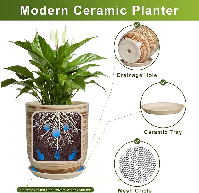 Ceramic Planter 10 Inch - Ceramic Pots for Indoor Plants Outdoor Large Plant Pot with Drainage Hole and Saucer Cylinder Flower Pot Yellow