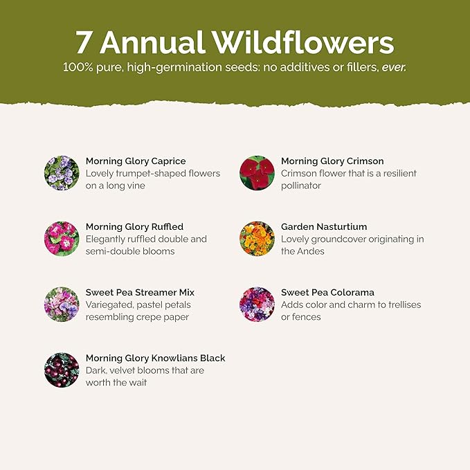 Eden Brothers Colorful Climbers Flower Mixed Seeds for Planting, 5 lb, 2,400,000+ Seeds with Morning Glory, Sweet Pea | Attracts Pollinators, Plant in Spring or Fall, Zones 3, 4, 5, 6, 7, 8, 9, 10