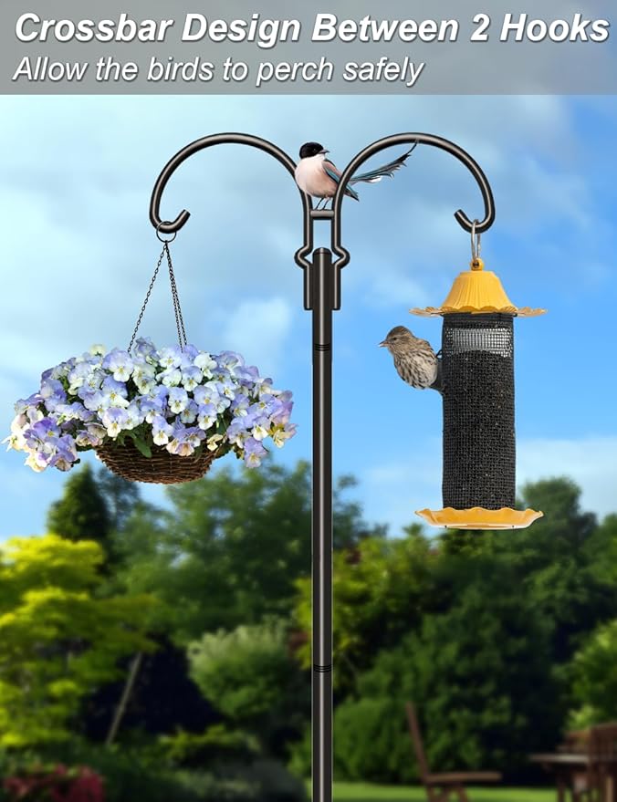 Outdoor Double Shepherds Hook with 5 Prong Base, 60 Inch Adjustable Heavy Duty Two Sided Bird Feeder Pole Stand for Hanging Plant Baskets, Solar Light Lanterns, Hummingbird Feeder, 2 Pack