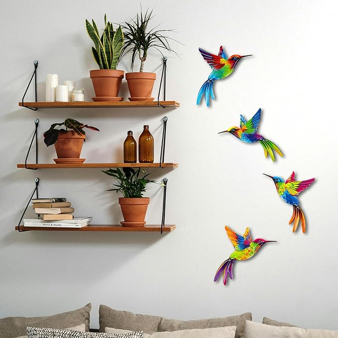 ULENDIS 4 Pack Metal Hummingbird Wall Art Decor, 3D Colorful Birds Outdoor Wall Art Patio Fence Decorations, Wall Hanging Decor for Garden Living Room Balcony(B)