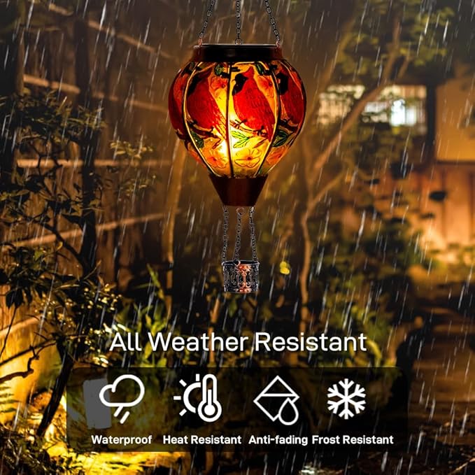 DREAMSOUL Cardinal Hot Air Balloon Solar Lantern, Hanging Solar Lanterns Outdoor with Flickering Flame Light, Glass Outdoor Lantern Waterproof for Patio Yard Party Gift Decor Christmas Gifts