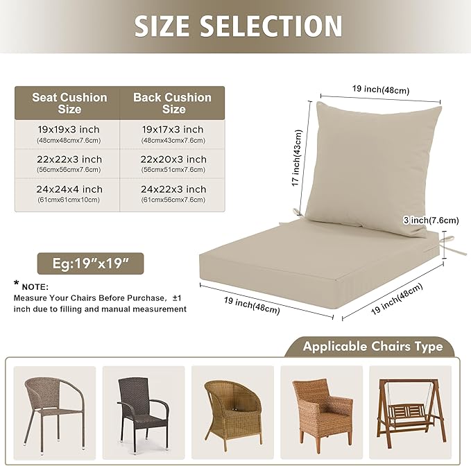 24x24 Inch Outdoor Cushions for Patio Furniture, Waterproof Outdoor Chair Cushions w/Fade-Resistant, Removable & Machine-Washable Covers, Deep Seat Sofa/Couch Pad Replacement – Set of 1/2/4, Cream