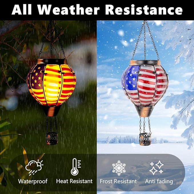 2PCS Flag Solar Hot Air Balloon Lantern with Flame Flickering Light,Glass Hot Air Balloon Solar Lanterns Outdoor Waterproof,Hanging Outdoor Light for Patio Yard Garden Birthday Gifts for Women