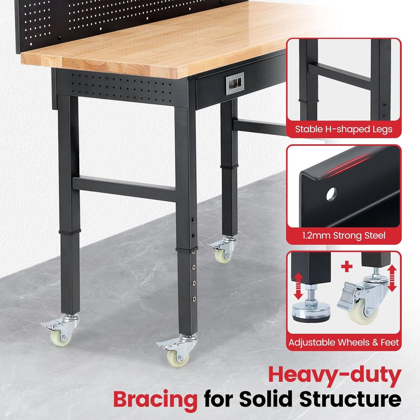 Workbench with Wheels 60 x 22 Inch Heavy Duty Rubber Wood Tabletop Work Bench with Pegboard, Drawers, Power Outlets Adjustable Height Work Table for Woodworking Shop, Home, Office