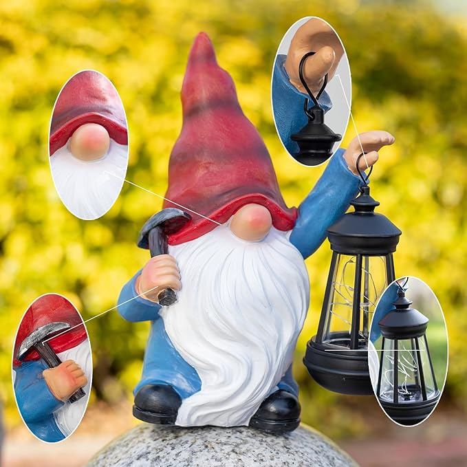Garden Gnome Statue Solar Light Outdoor Decorations Figurine with Lantern Led Shovel Sculpture Lawn Patio Yard Porch Outside Christmas Housewarming Gifts for Women Mom Grandma