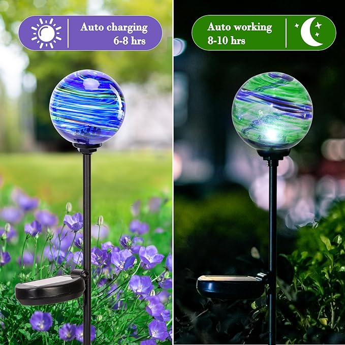 Solar Outdoor Decorative Lights Color Swirl Solar Garden Stake Glaze Glass LED Solar Garden Globe Lights Outdoor Decorative Lights for Pathway Yard Lawn Decoration 2 Pack Blue&Green