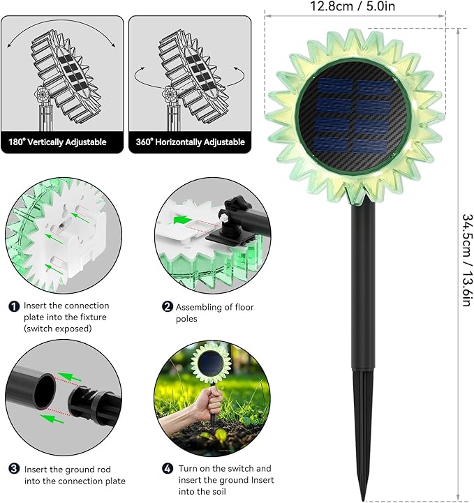 Outdoor Solar Lights, 4 Pack Led Solar Sunflower Lights, Stake/Wall 2-in-1 Waterproof Solar Garden Lights for Yard, Landscape, Fence, Patio, Driveway, Pathway, Backyard Decoration (Warm White)