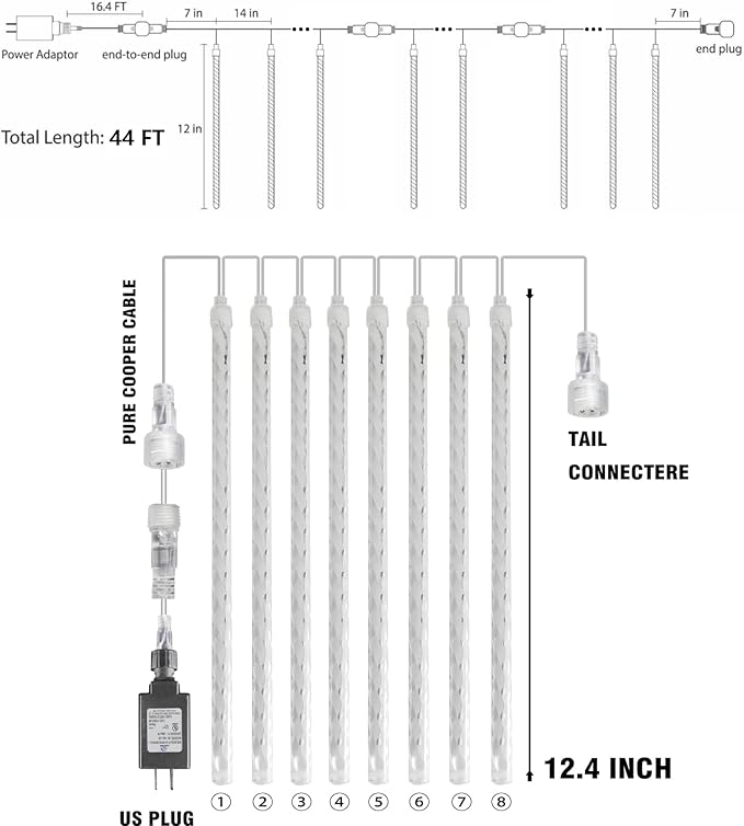 Dazzle Bright 864LED Christmas Light, Meteor Shower Rain Lights 11.8 Inch 24 Tubes, Waterproof Plug in Falling Rain Lights Christmas Decorations for Xmas Bushes Tree Yard Party (Blue)
