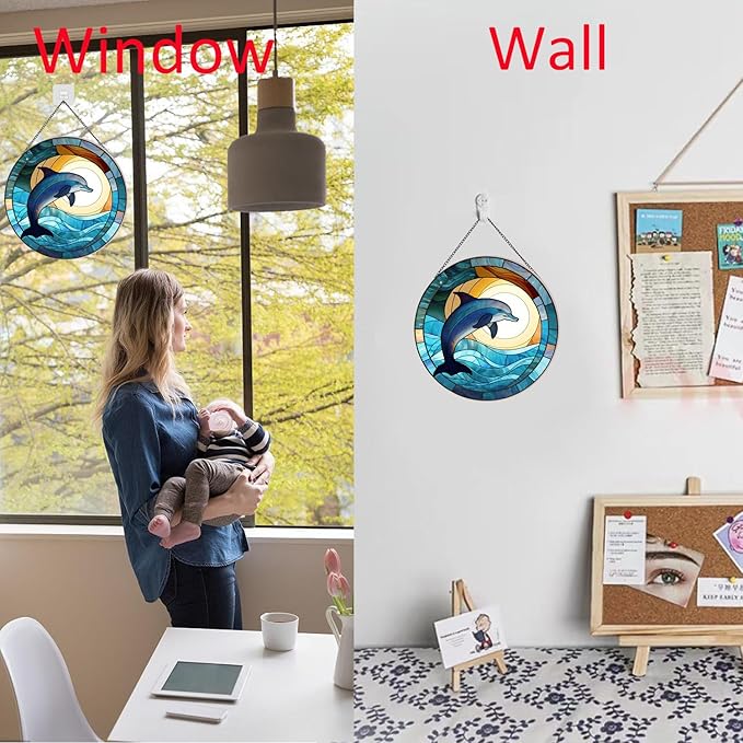Dolphin Pattern Suncatcher Stained Glass,Hanging Stained Glass for Windows,20cm/7.87inch Hand-Painted Sun Catcher Garden Hangings Painted Glass Panel Decor Themed Gift