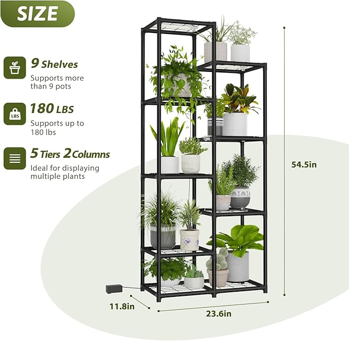 Plant Stand Indoor with Grow Lights Tall Plant Shelf Outdoor Plant Rack Metal Plant Holder Waterproof Black for Multiple Plants Table Flower Pot for Living Room Patio Balcony Garden