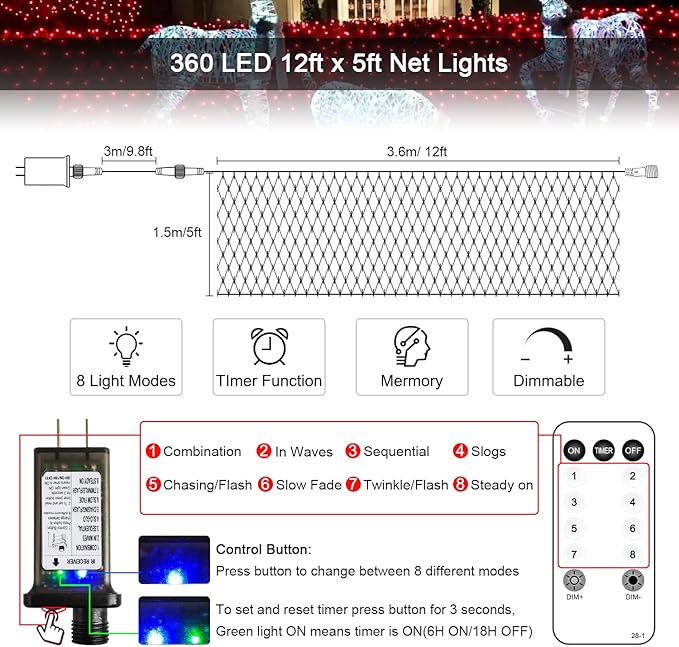 JMEXSUSS 360 LED Red Net Lights Outdoor, Connectable 12ft x 5ft Red Net Lights Plug in with Remote, 8 Modes Waterproof Red Christmas Lights for Bushes Christmas Halloween Decorations
