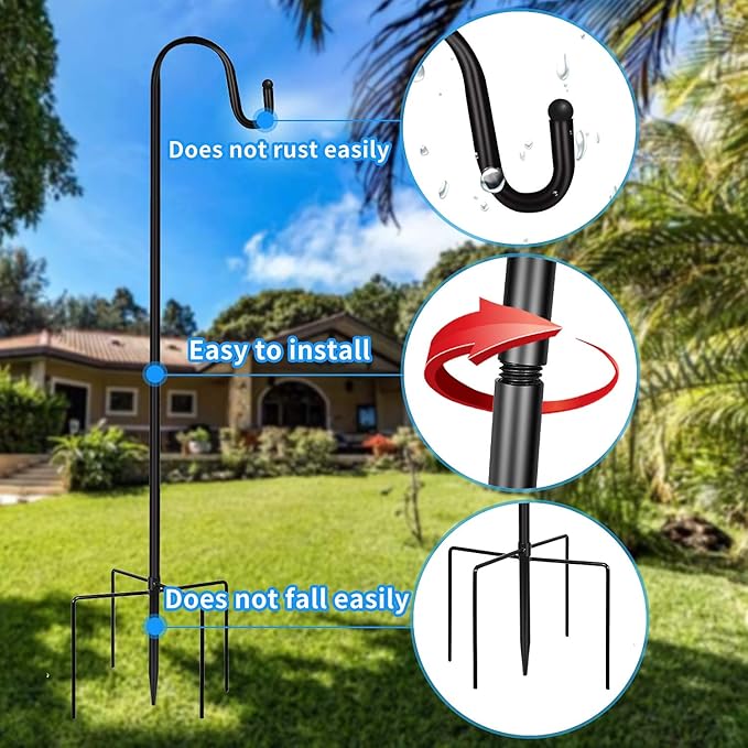 JOYSEUS Shepherd Hooks 2 Pack - 48 Inches High 1/2 Inch Thick Adjustable Rust Resistant Shepards Hooks for Outdoor Solar Lights, Lanterns, Flower Basket, Bird Feeder.
