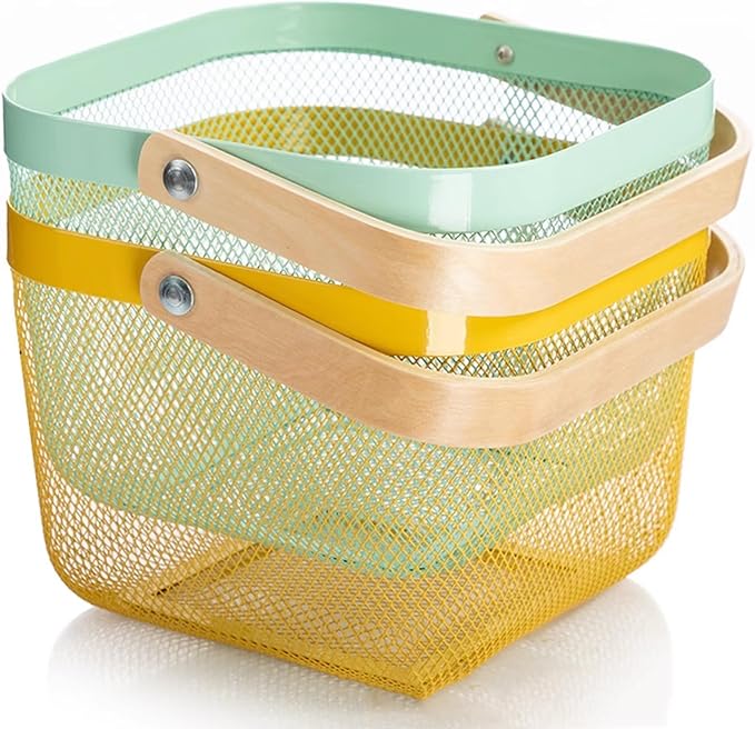 Metal Mesh Steel Basket, Storage Organizer Basket Multi-functional Hanging Kitchen Baskets Fruit Baskets with Wooden Handle for Kitchen Bathroom Picnic Shopping Decor Cabinet Home, Yellow