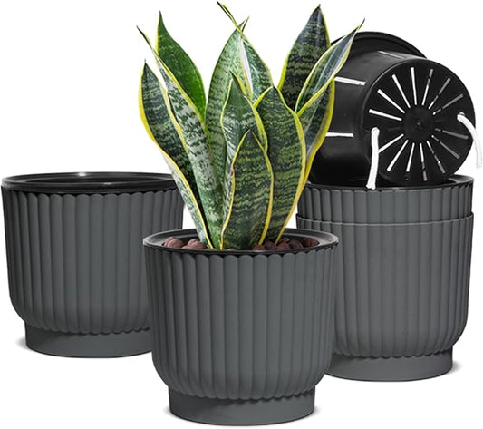 T4U 7 Inch Self Watering Pots for Indoor Plants, 4 Pack Gray Plastic Flower Pots for All House Plants, Flowers, African Violets