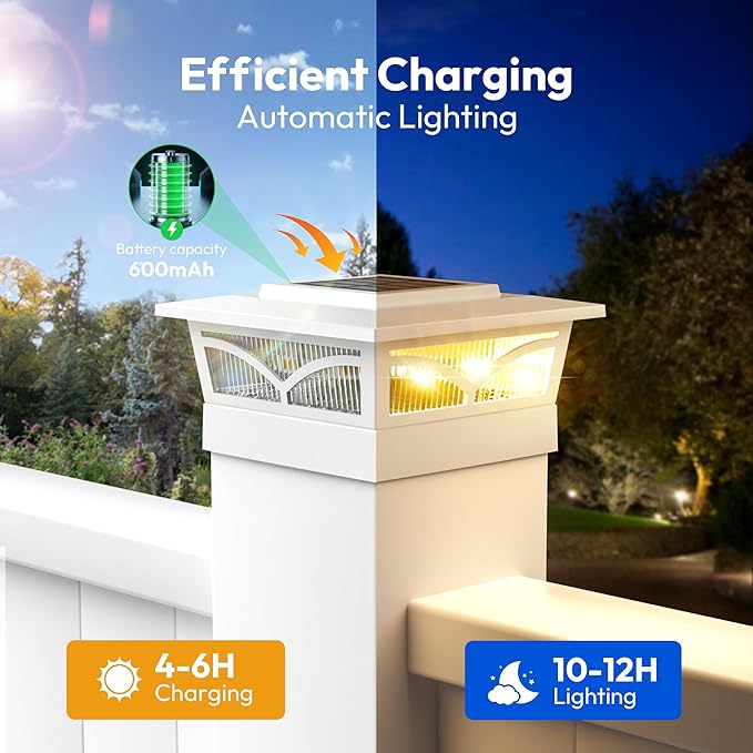 NIORSUN Solar Post Cap Lights Outdoor, 2 Modes LED, Deck Fence Post Solar Lights for 3.5x3.5 4x4 Wood Vinyl, 5x5 Vinyl Caps Patio Garden Decoration, Warm White/Cool White Lighting White 6 Pack