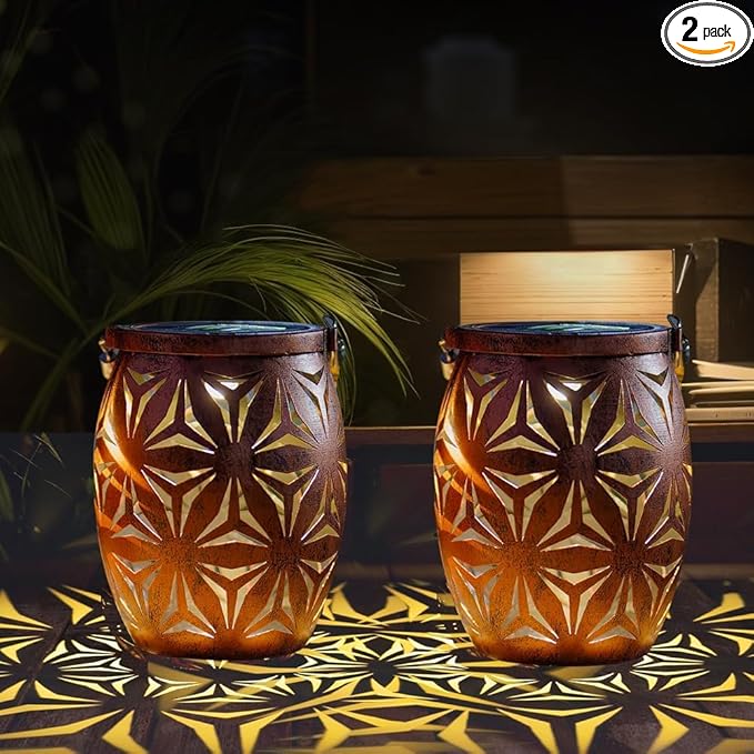 Solar Outdoor Lanterns with Floral Design，LED Garden Lights，Outdoor Solar Table Lantern Waterproof Brown Flower Hollowed，Table Lamp for Indoor/Outdoor Patio Porch Lawn Pathway Indoor