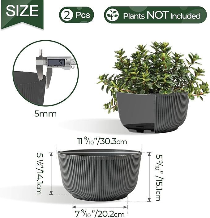 T4U 12 Inch Large Self Watering Plant Pots, Wide Self Watering Planter with Drainage Hole, Large Plant Pots Flower Pot for Plants, Set of 2,Gray