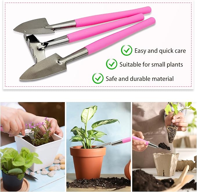 Mini Gardening Tools, 3Pcs Stainless Succulent Tools Kit Shovel Rake Trowel, 2 Colors Hand Shovel for Gardening for Indoor Small Plants, Succulents, Potted Plants, Bonsai (Blue)