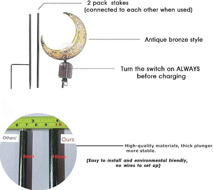 SunKite 2 Pack Garden Solar Light Outdoor Metal Moon Shape Lamp with Waterproof Crackle Glass Globe for Garden,Lawn,Patio,Pathway or Courtyard