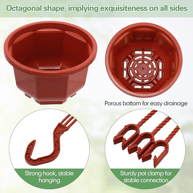 Roshtia 24 Pcs Hanging Plastic Planter Pot with Hook Flower Pots Baskets Hanging Nursery Planter Holder for Outdoor Indoor Plant Garden(Brown,6.7 Inch)