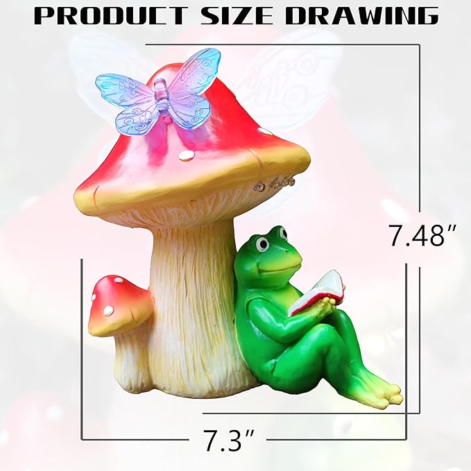 Solar Frog Mushroom Garden Statues,Resin Frog Mushroom Reading a Book Figurine with LED Solar Lights, Lawn Decor Outdoor Statue for Patio,Balcony,Yard,Lawn Ornament