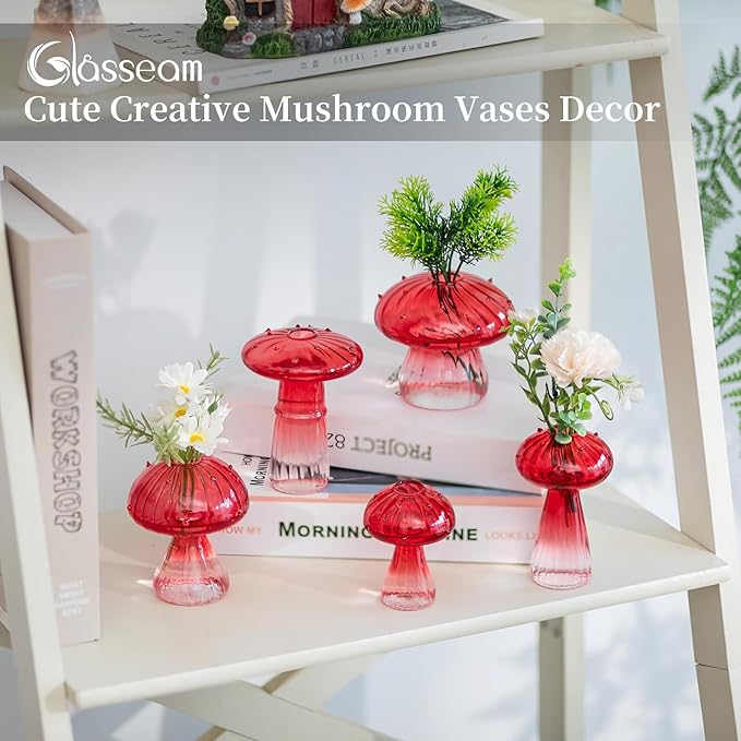 Glasseam Mushroom Plant Propagation Stations: Red Glass Terrarium Jar Set of 5 Cute Planters for Indoor Plants Decorative Propagate Station Unique Christmas Birthday Gifts for Women Home Office Decor