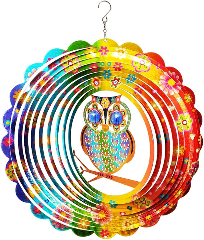 FONMY Wind Spinner Mandala Owl 12 inch 3D Stainless Steel Laser Cut Metal Art Geometric Pattern Hanging Wind Spinner, Kinetic Yard Art Decorations - Indoor/Outdoor Décor