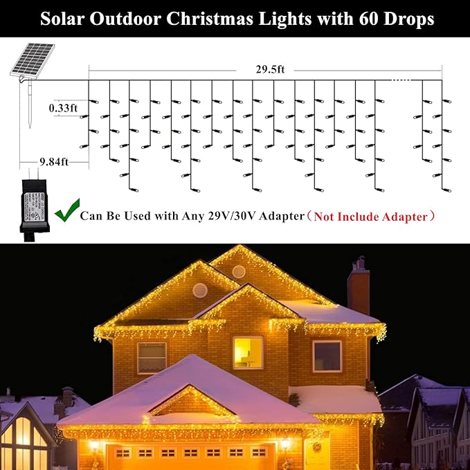 Solar Christmas Lights Outdoor Waterproof Christmas Decorations Curtain Lights 320LED 29.5ft 60 Drops, Solar Powered Rechargeable Fairy Lights for Party, Wedding, Home Decorations(WarmWhite)