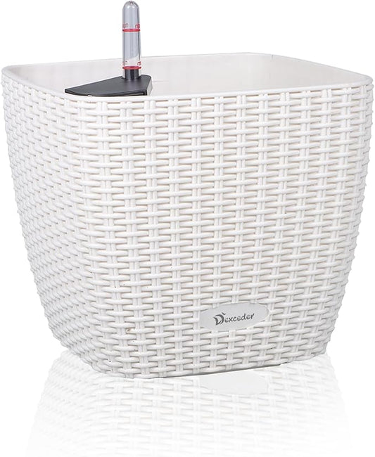 Dexceder 9x8 Self Watering Planter Indoor Outdoor, Inner Mat Design, Thickened Table Flower Plant Pot with Water Level Indicator (Ivory White Rattan)