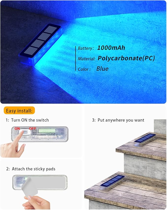 Blue Solar Lights for Outside,4 Pack Solar Deck Lights Outdoor Waterproof LED,Blue Step Light for Outside,Dock Light Solar Powered Waterproof for Deck,Steps,Dock,Driveway,Stair,Path