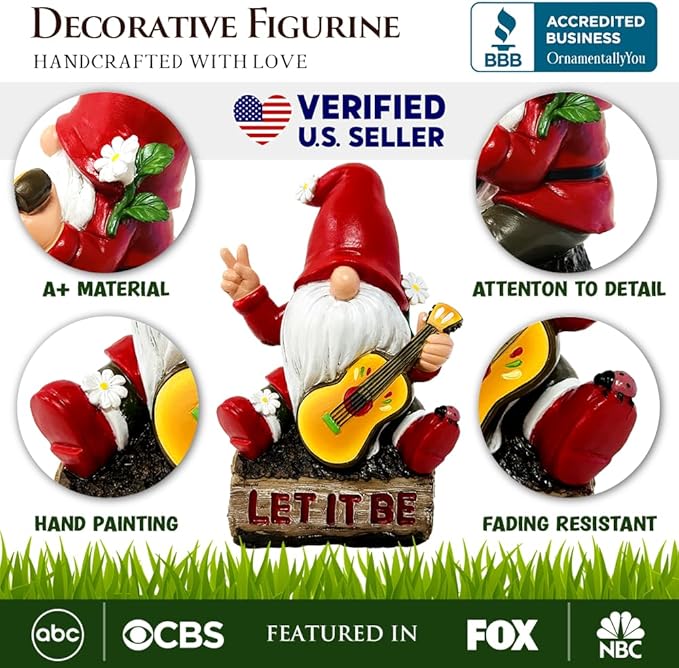 Hippy Gnome with Guitar Garden Statue, Unique Flowers and Peace Sign