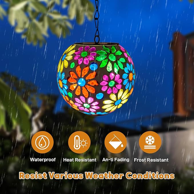 Colorful Solar Hanging Lanterns Glass Mosaic Gazing Ball Globe Hanging Lantern Lights Outdoor Waterproof for Patio Garden Yard Home Decor (Flowers)