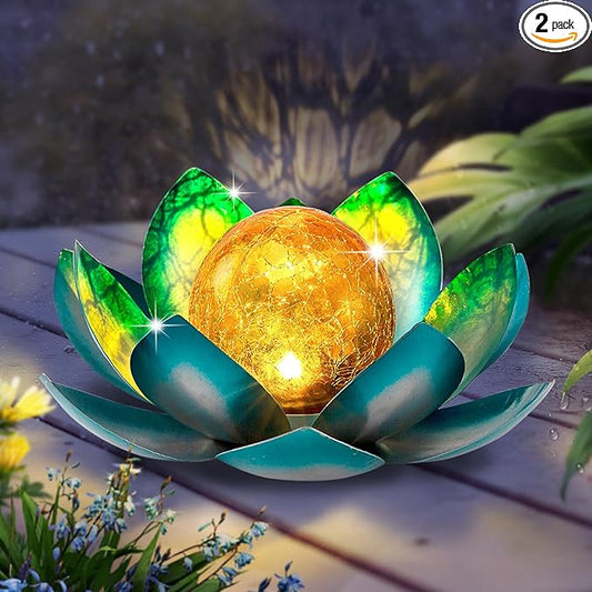 Solar Light Outdoor(2Pack), Art Crackle Globe Glass Lotus Decoration, Solar LED Waterproof Blue Metal Flower Lights for Patio,Lawn,Walkway,Tabletop