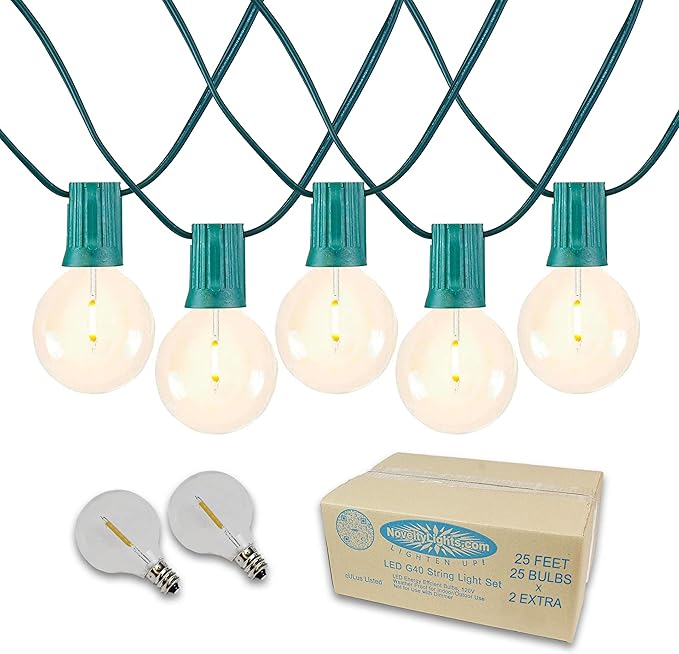 Novelty Lights 25 Feet G40 LED Patio String Lights with 25 Bulbs, Warm White, Weather Resistant and Shatterproof Replaceable Plastic Globe Bulbs, Green Wire