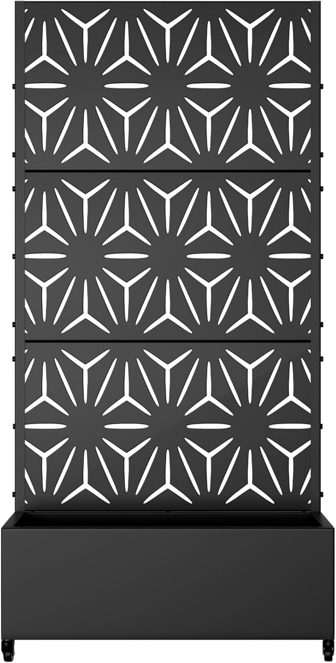 Casaphoria Metal Raised Garden Bed with Trellis and Wheels, 72"x35"x16" Planter Box for Climbing Plants, Vegetables & Vines, Features Drainage Holes and Privacy Screen (Black-Star)