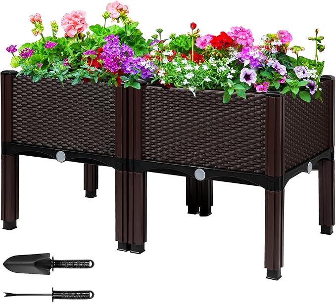 MAYOLIAH Raised Garden Bed with Drainage Elevated Planter Box Plastic Raised Beds for Gardening Vegetables Herb Flowers, Perfect for Indoor Outdoor Planting, 2 Boxes Brown