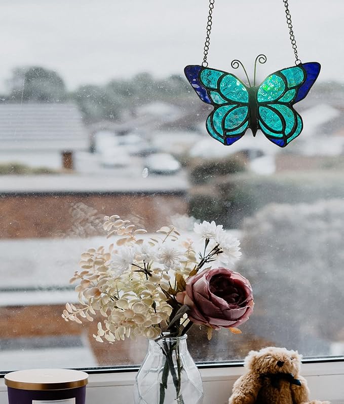 Blue Butterfly Suncatcher Stained Glass Window Hanging Panel Christmas Decor,Glass Butterfly Gift for Mom, Women 5.9×5.3Inch