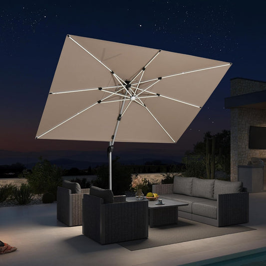 PURPLE LEAF 10' X 10' Solar Powered LED Patio Large Umbrella Offset Double Top Hanging Umbrella Outdoor Market Umbrella for Garden, Deep Beige