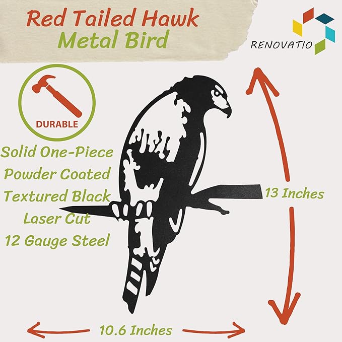 Renovatio Metal Hawk - Metal Bird Yard Decor - Tree Stake & Outdoor Art - Metal Garden Sculpture - Rusty Metal Birds Ornaments - Outdoor Bird Decorations for Garden