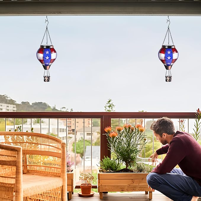 pearlstar Hot Air Balloon Solar Lantern with Flickering Flame Light Outdoor Solar Hanging Lights Waterproof for Garden Yard Farmhouse Patio Pathway Outside Independence Day Decoration,Glass, Star