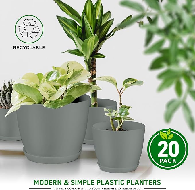 Planter Pots with Drainage Holes - Lightweight, Durable & Space-Saving Pots for Indoor and Outdoor - Versatile Functionality, Simple Modern Design, Set of 20 Plastic Planter Pots - Gray