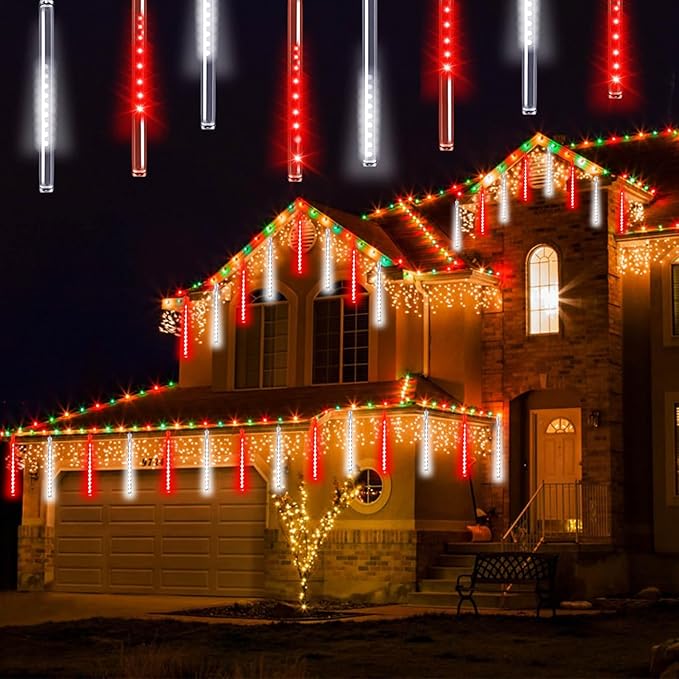 Solar Meteor Shower Lights Outdoor Waterproof, Christmas Decorations Lights Solar Powered, 16 Tubes 384LED Rain Drop Lights, Snow Cascading String Lights for Tree Party Garden Decor (Red and White)