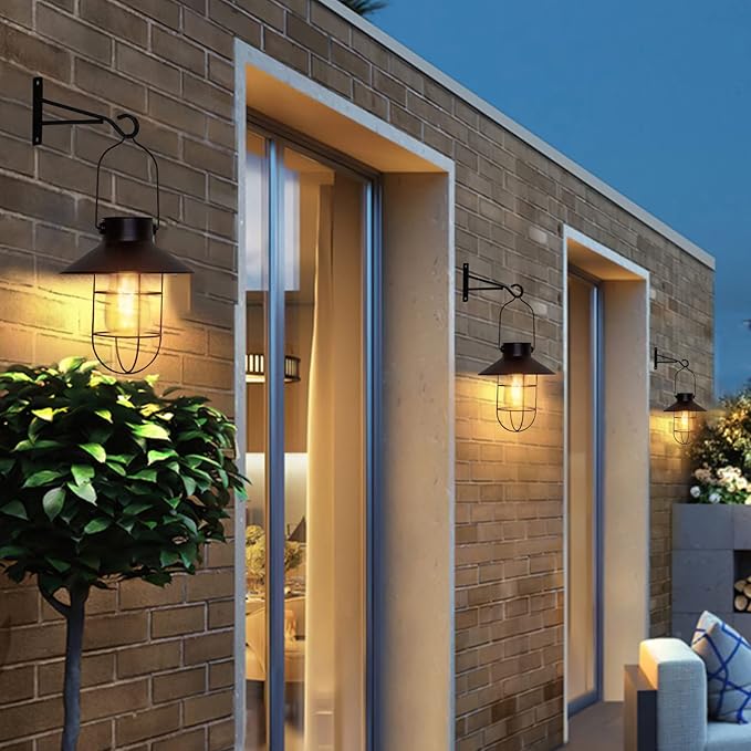 pearlstar Solar Lanterns Outdoor Metal Solar Powered Hanging Lights Waterproof for Wall Barn Yard Garden Patio Garage Balcony Porch Fence Decor, Warm White Edison Bulb (Black-2pack)